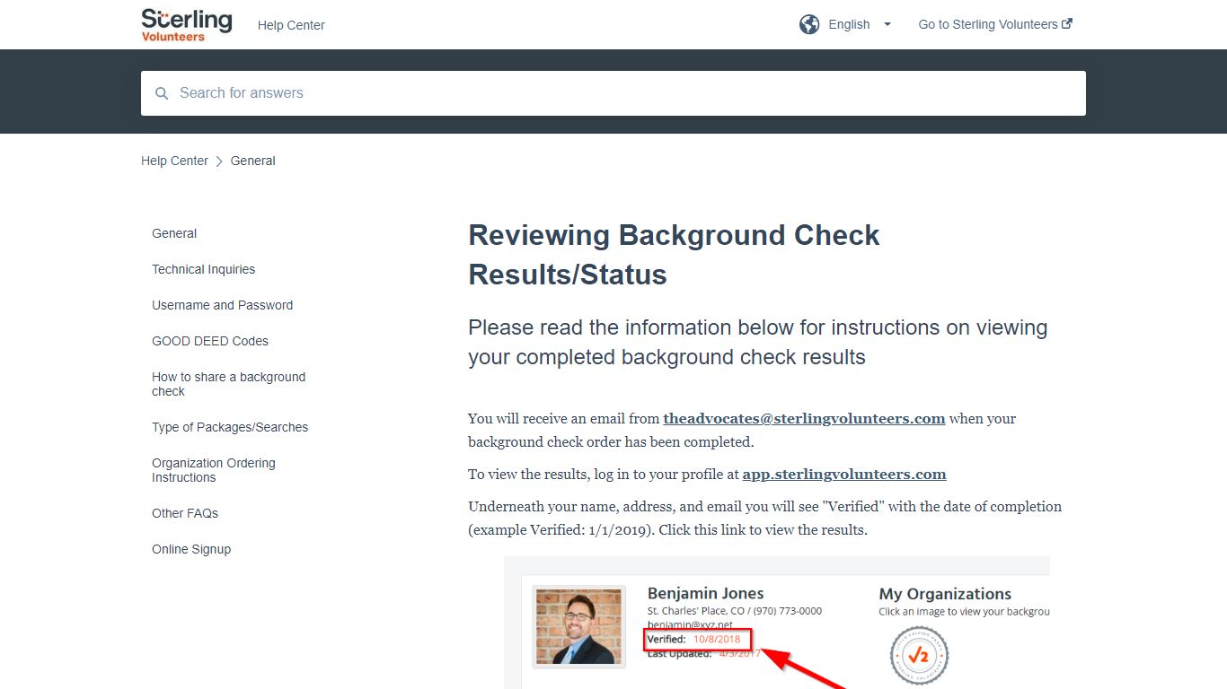 Reviewing Background Check Results/Status - Sterling Volunteers